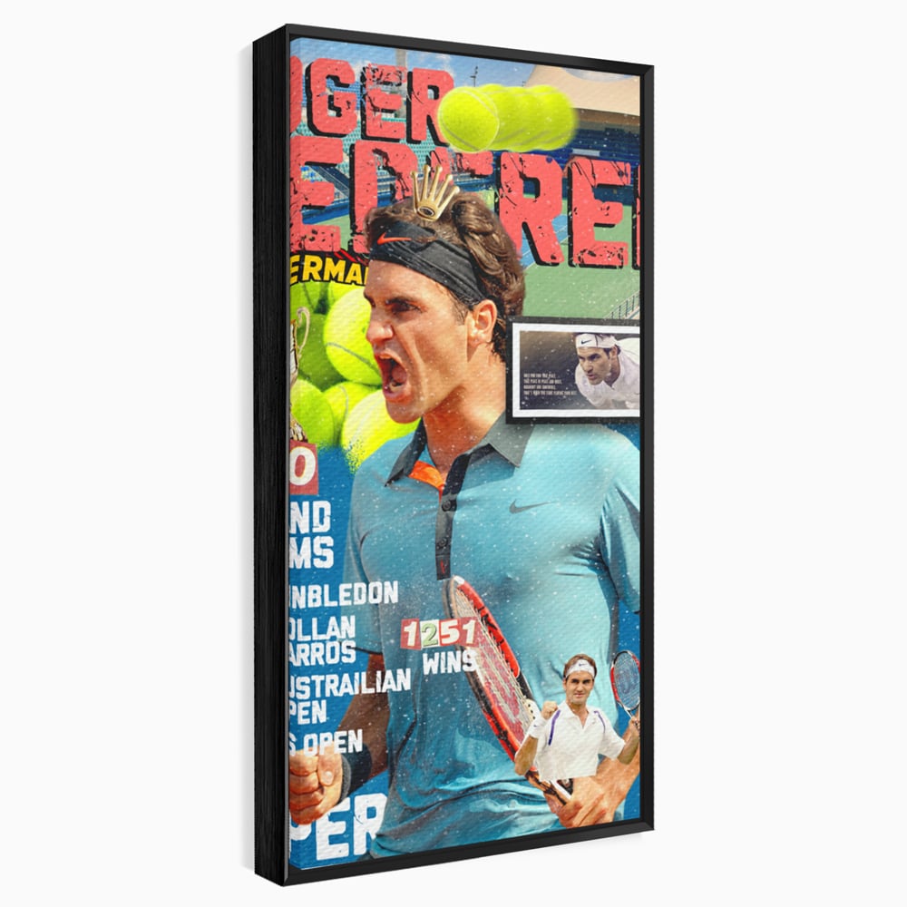 Tablou canvas cu tablou canvas cu roger federer si racheta de tenis, in rama de aluminiu negru